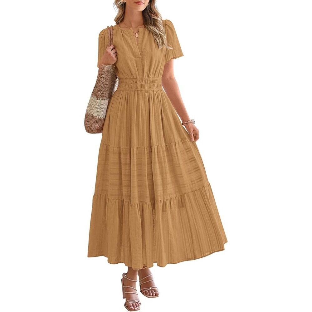 Women's Khaki V Neck Short Sleeve A Line Summer Casual Maxi Dress Pockets